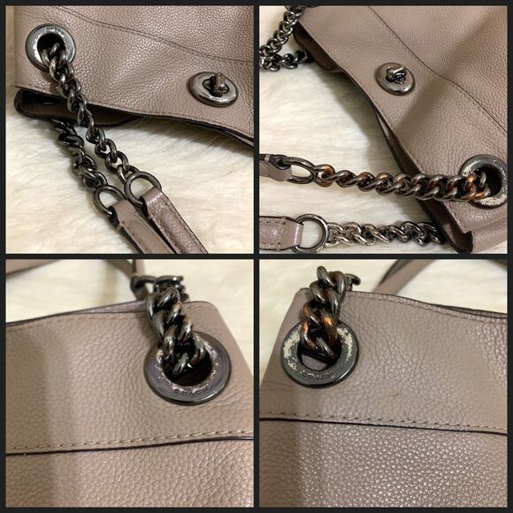 COACH Stone Gray/Gunmetal Leather Triple EntryTurnlock EDIE Chain Tote #36855 - Picture 12 of 16